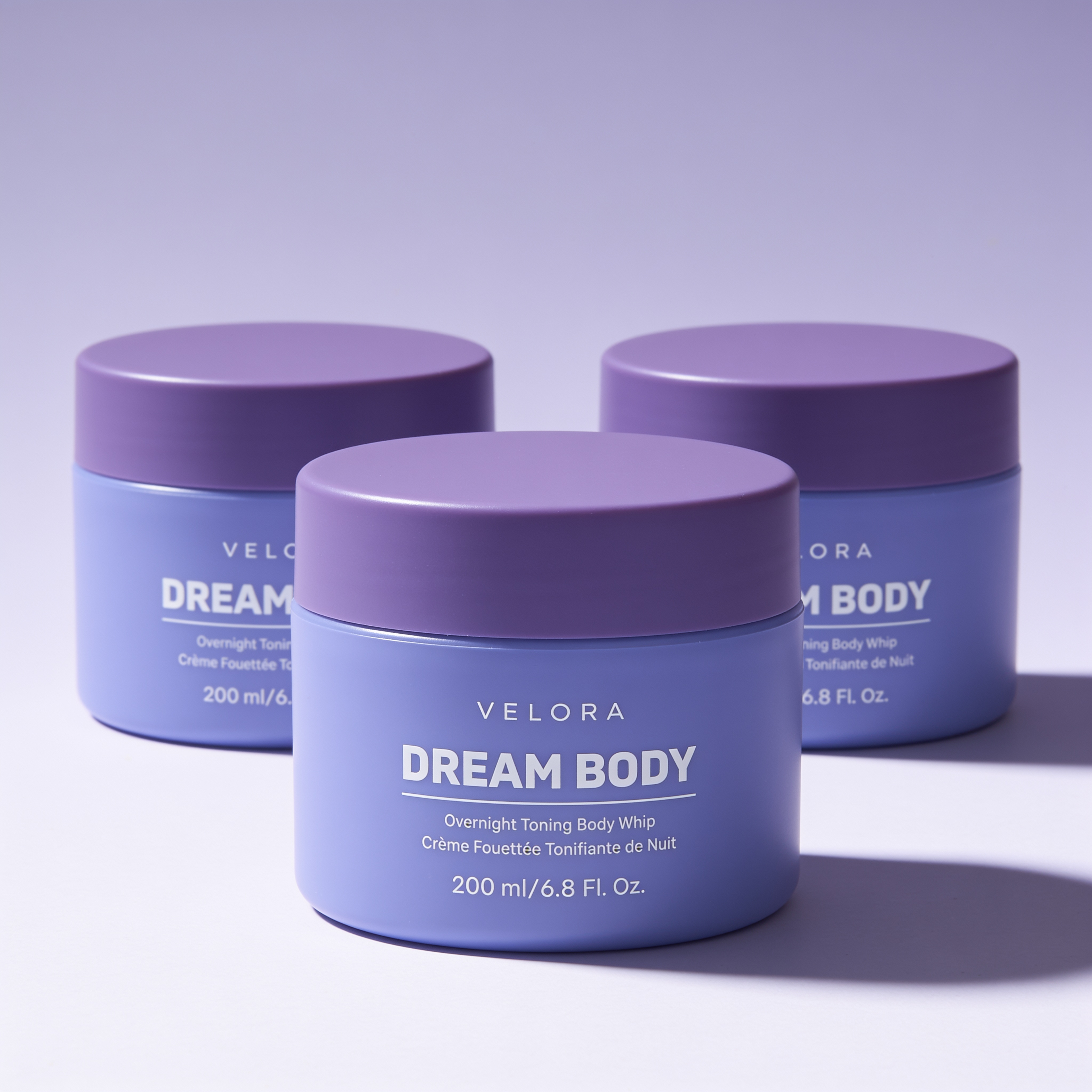 Three VELORA Dream Body 200 mL purple jars for the stock-up bundle