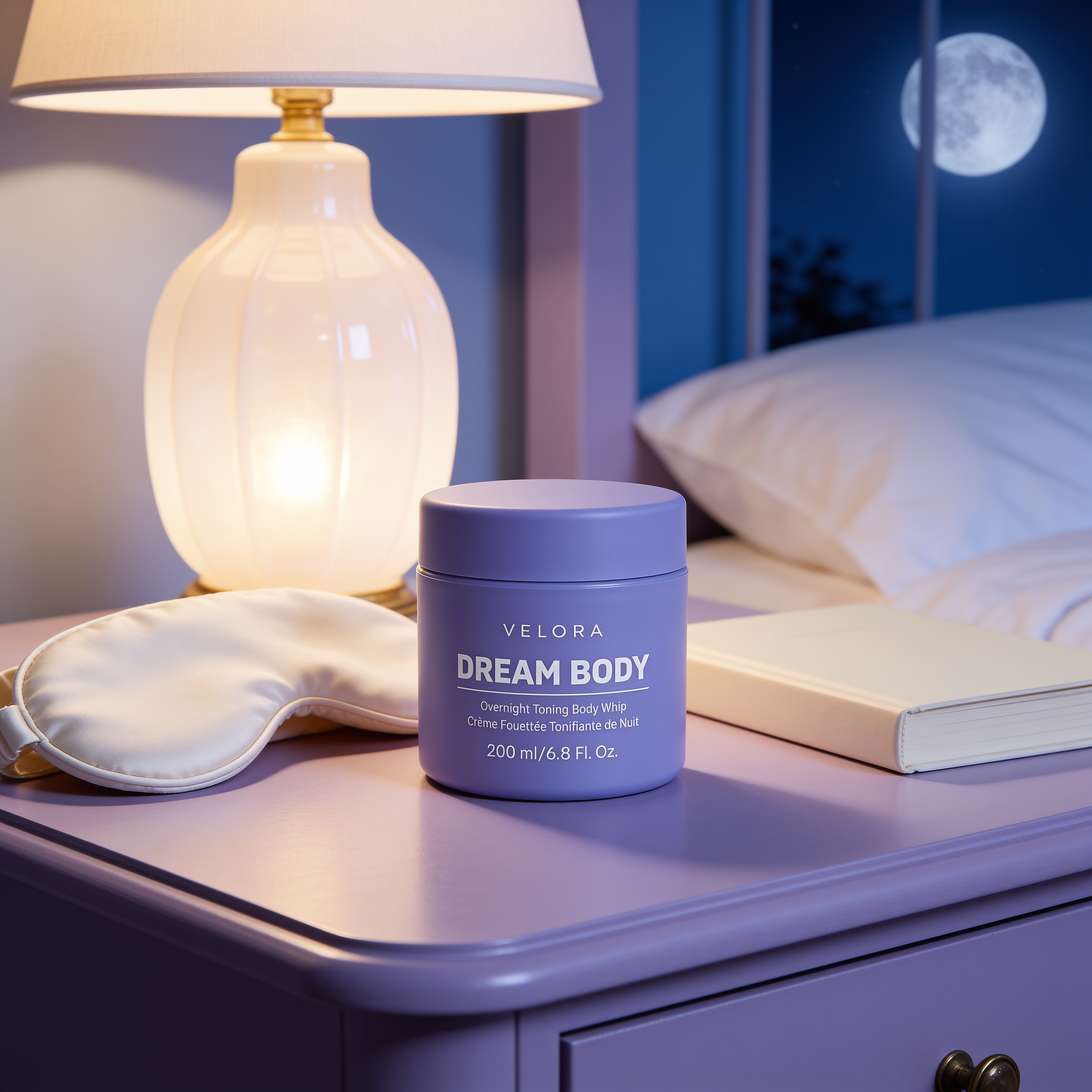 VELORA Dream Body 200 mL purple jar in an evening body-care ritual